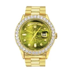 18K Gold Rolex Oyster Perpetual Diamond Watch For Men 3.65ct Green MOP DIal