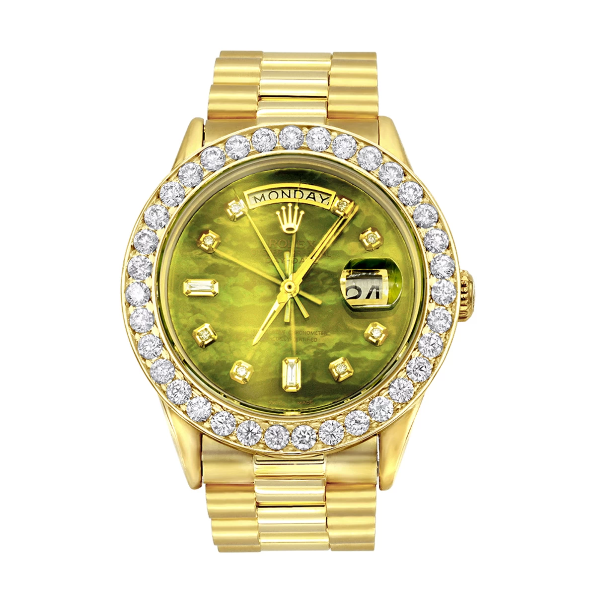 18K Gold Rolex Oyster Perpetual Diamond Watch For Men 3.65ct Green MOP DIal 1 18K Gold Rolex Oyster Perpetual Diamond Watch For Men 3.65ct Green MOP DIal