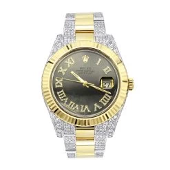41mm Gold Rolex Oyster Perpetual Diamond Watch For Men 7.5ct Two Tone Green Dial