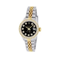 Women's Diamond Watch Rolex Datejust Gold 26mm Black Dial W00342