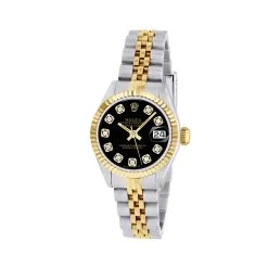 Women's Diamond Watch Rolex Datejust Yellow Gold 26mm Black Dial