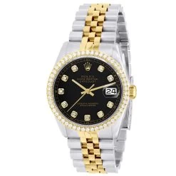 Men's Diamond Watch Rolex Datejust 36mm Yellow Gold And Stainless Steel Black Dial Jubilee Bracelet