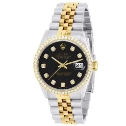 Men's Diamond Watch Rolex Datejust Yellow Gold 36mm Black Dial