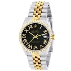 Men's Diamond Watch Rolex Datejust Yellow Gold 36mm Black Dial W00863