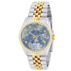 Men's Diamond Watch Rolex Datejust Gold 36mm Blue MoP Dial W00446