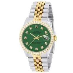 Men's Diamond Watch Rolex Datejust Yellow Gold 36mm Green Dial