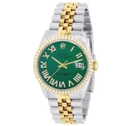 Men's Diamond Watch Rolex Datejust Yellow Gold 36mm Green Dial W00995