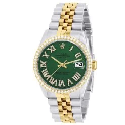 Men's Diamond Watch Rolex Datejust Yellow Gold 36mm Green Dial Roman Numbers