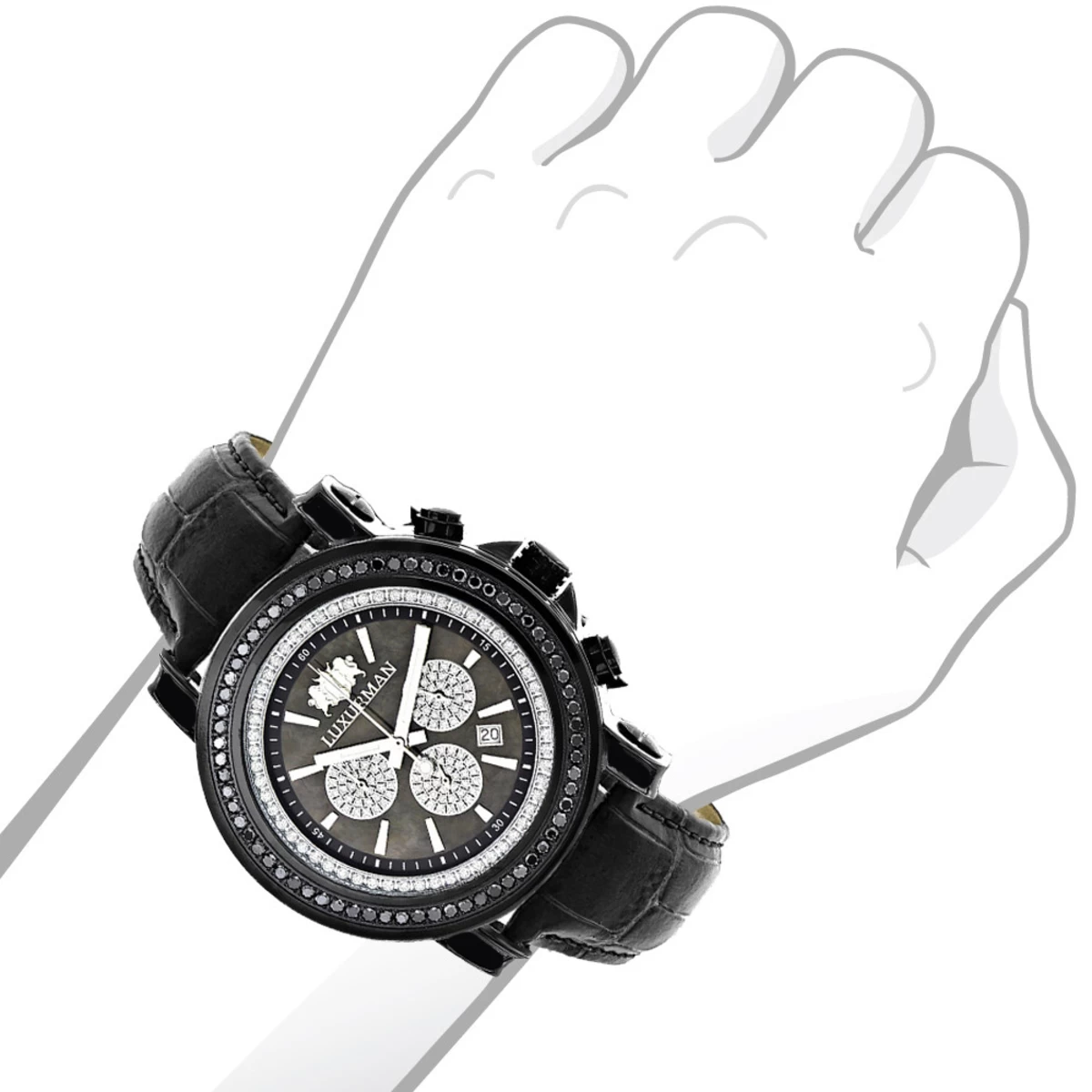 3ct Large Men's Black Diamond Watch MOP Dial W Chronograph Luxurman Escalade 3 3ct Large Men's Black Diamond Watch MOP Dial W Chronograph Luxurman Escalade - Image 3