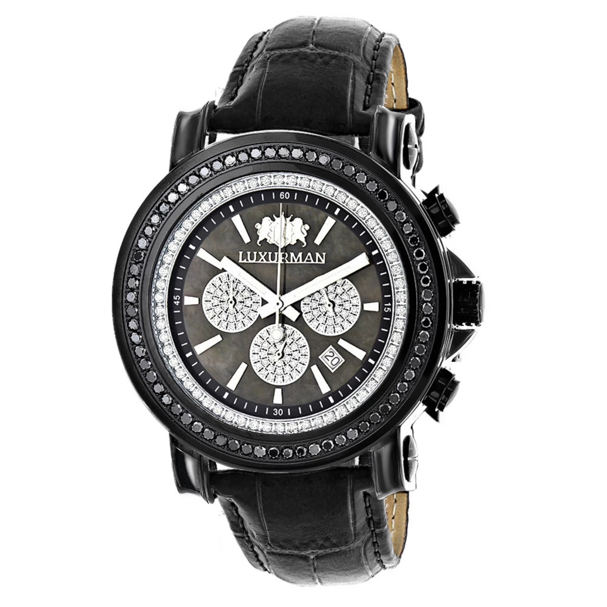 3ct Large Men's Black Diamond Watch MOP Dial W Chronograph Luxurman Escalade 1 3ct Large Men's Black Diamond Watch MOP Dial W Chronograph Luxurman Escalade