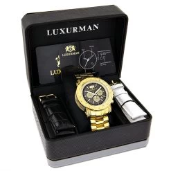 Black Dial Luxurman Diamond Watch 0.75ct Yellow Gold Plated Escalade -Watch Store black dial luxurman diamond watch 075ct yellow gold plated escalade box
