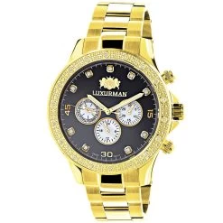 Black Dial Yellow Gold Plated Luxurman Diamond Watch For Men 0.2ct New