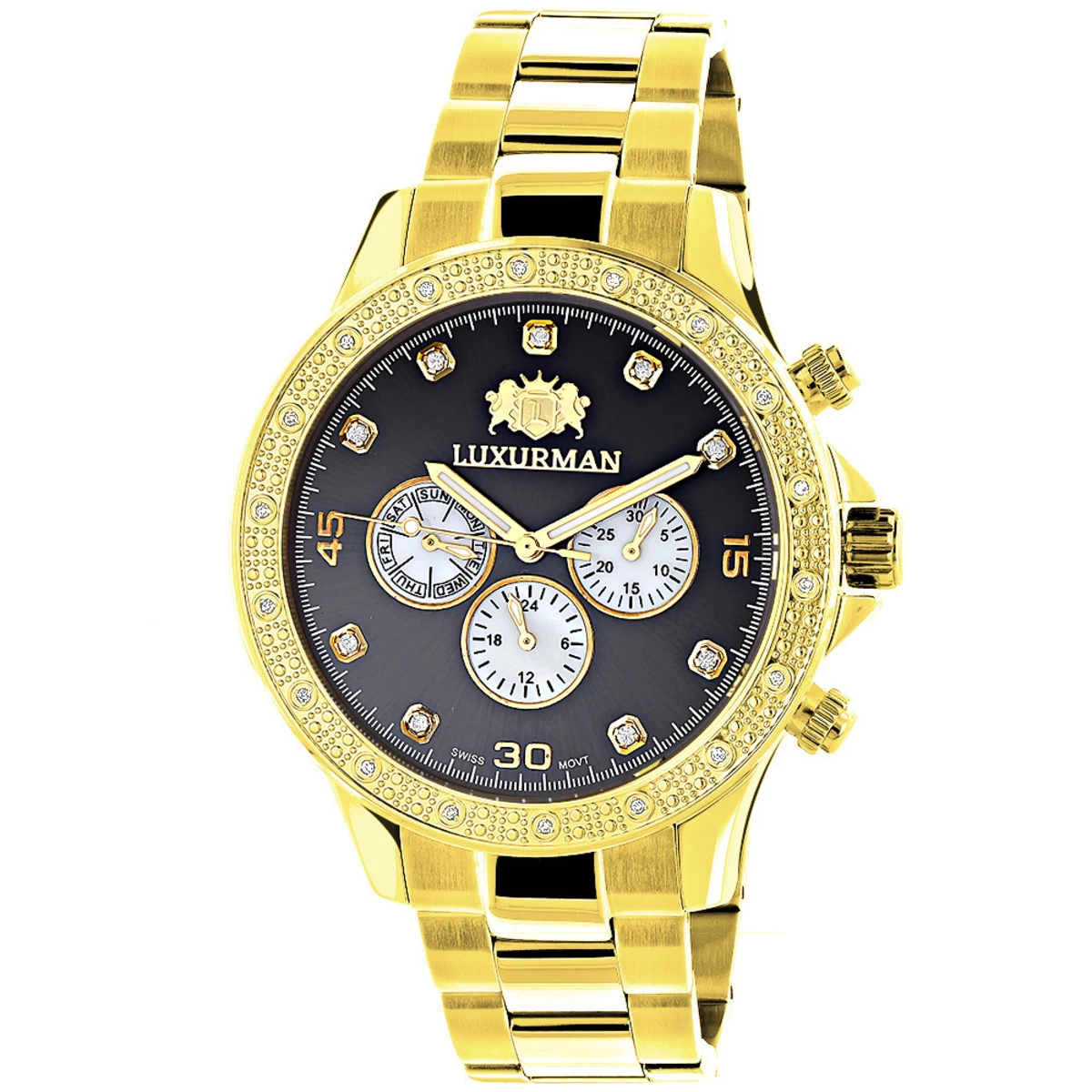 Black Dial Yellow Gold Plated Luxurman Diamond Watch For Men 0.2ct New 1 Black Dial Yellow Gold Plated Luxurman Diamond Watch For Men 0.2ct New