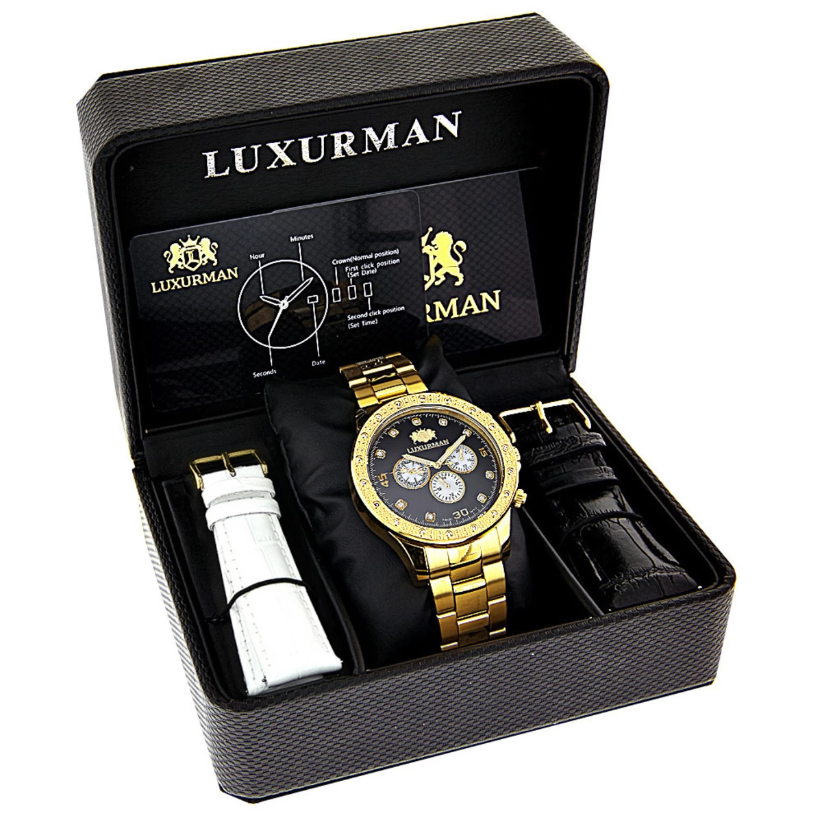 Black Dial Yellow Gold Plated Luxurman Diamond Watch For Men 0.2ct New 4 Black Dial Yellow Gold Plated Luxurman Diamond Watch For Men 0.2ct New - Image 4