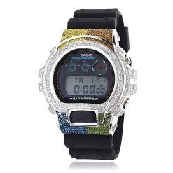Casio 6900 G-SHOCK White Blue Green Brown Yellow Diamonds Bezel Watch 5ct