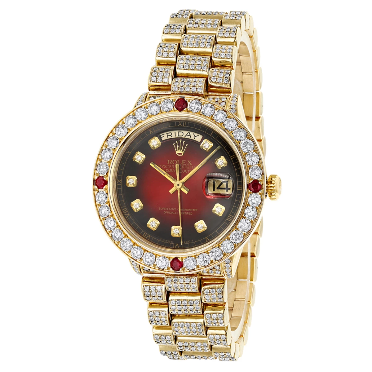Men's 18K Gold Rolex Day-Date President Diamond And Ruby Watch 15ct 1 Men's 18K Gold Rolex Day-Date President Diamond And Ruby Watch 15ct