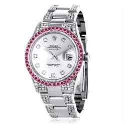 Red Ruby Bezel White Diamond Rolex Datejust Men's Watch 7ct