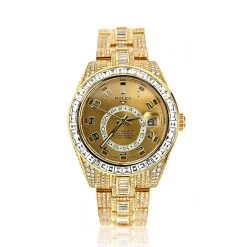 Fully Iced Out 18K Gold Diamond Sky Dweller Rolex Watch For Men 45ct