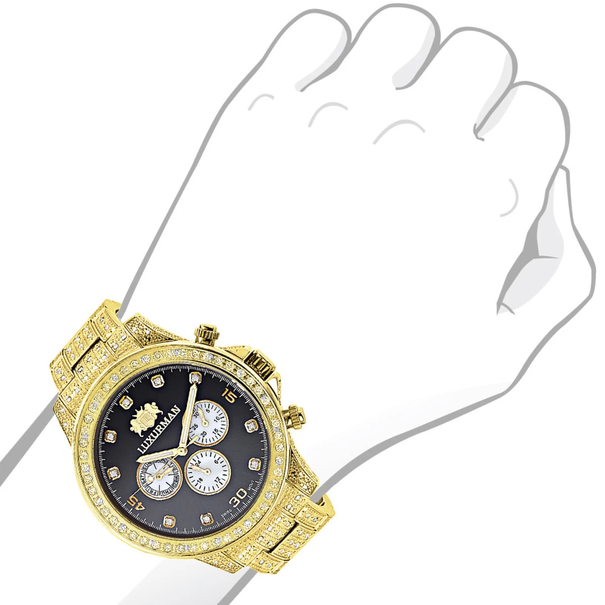 Fully Iced Out Men's Diamond Watch 3ct Yellow Gold Plt Luxurman Swiss Movement 3 Fully Iced Out Men's Diamond Watch 3ct Yellow Gold Plt Luxurman Swiss Movement - Image 3