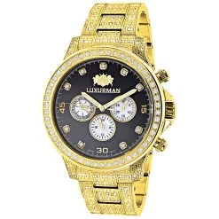 Fully Iced Out Men's Diamond Watch 3ct Yellow Gold Plt Luxurman Swiss Movement