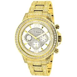 Fully Iced Out Men's Diamond Watch 3ct Yellow Gold Plt Luxurman Swiss Movmnt