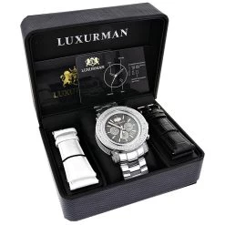 Heavy Men's Diamond Watch Luxurman Escalade 0.75ct Black MOP -Watch Store heavy mens diamond watch luxurman escalade 075ct black mop box
