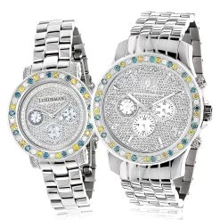 His And Hers White Blue Yellow Diamond Watch Set 5.25ct Luxurman