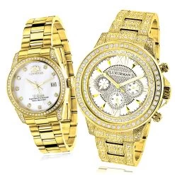 His And Hers Yellow Gold Plated Luxurman Diamond Watch 4.5ct