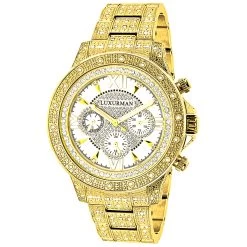 Iced Out Men's Luxurman Watch With Diamond Band 1.25ct Yellow Gold Plated