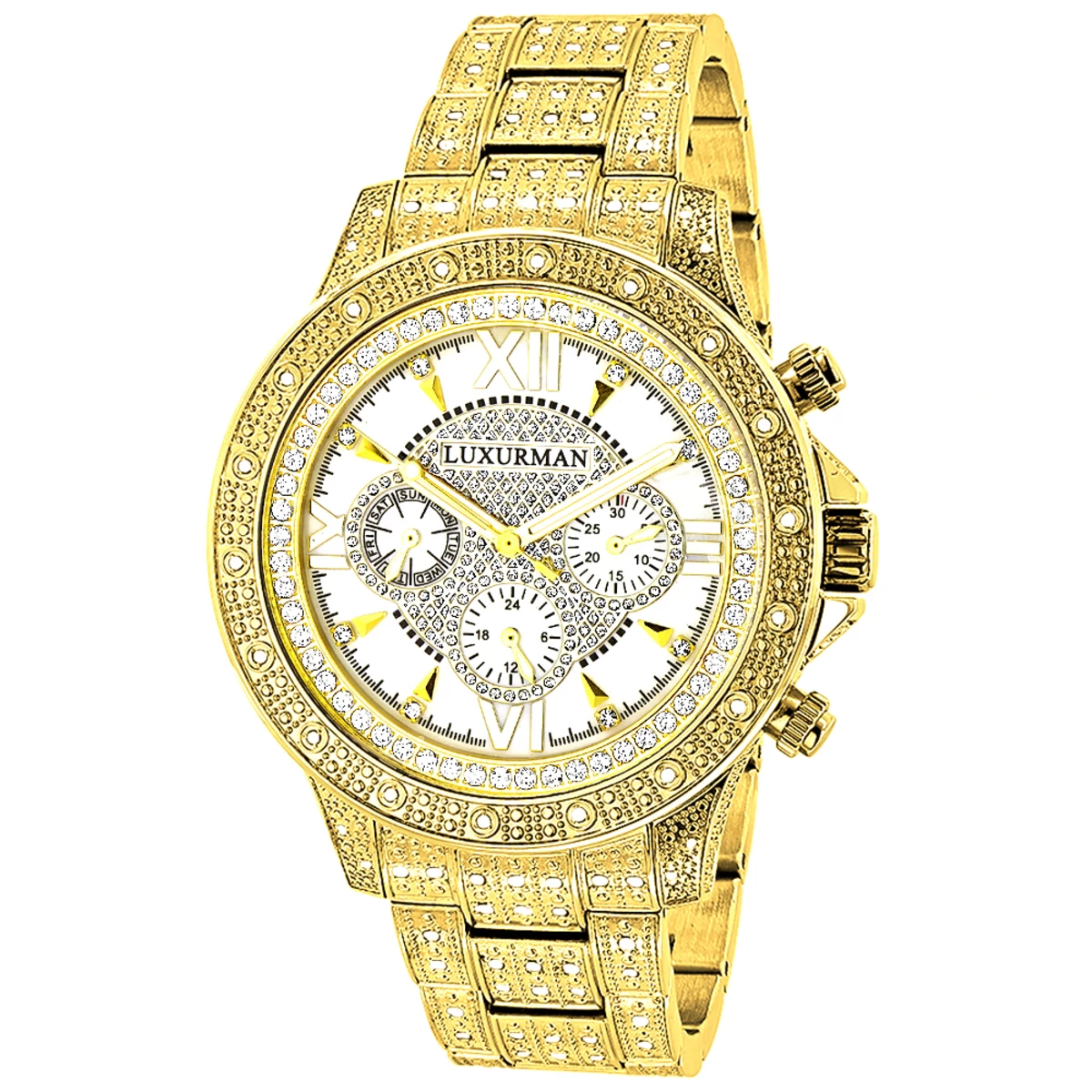 Iced Out Men's Luxurman Watch With Diamond Band 1.25ct Yellow Gold Plated 1 Iced Out Men's Luxurman Watch With Diamond Band 1.25ct Yellow Gold Plated