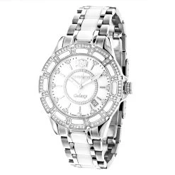 Ladies Diamond Luxurman White Ceramic Watch 1.25ct MOP Galaxy