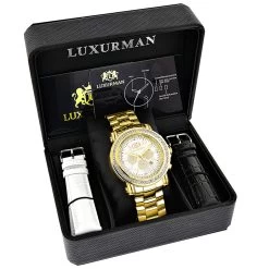 Large Diamond Bezel Watch For Men Yellow Gold Plated 2.5c Luxurman Escalade -Watch Store large diamond bezel watch for men yellow gold plated 25c luxurman escalade box