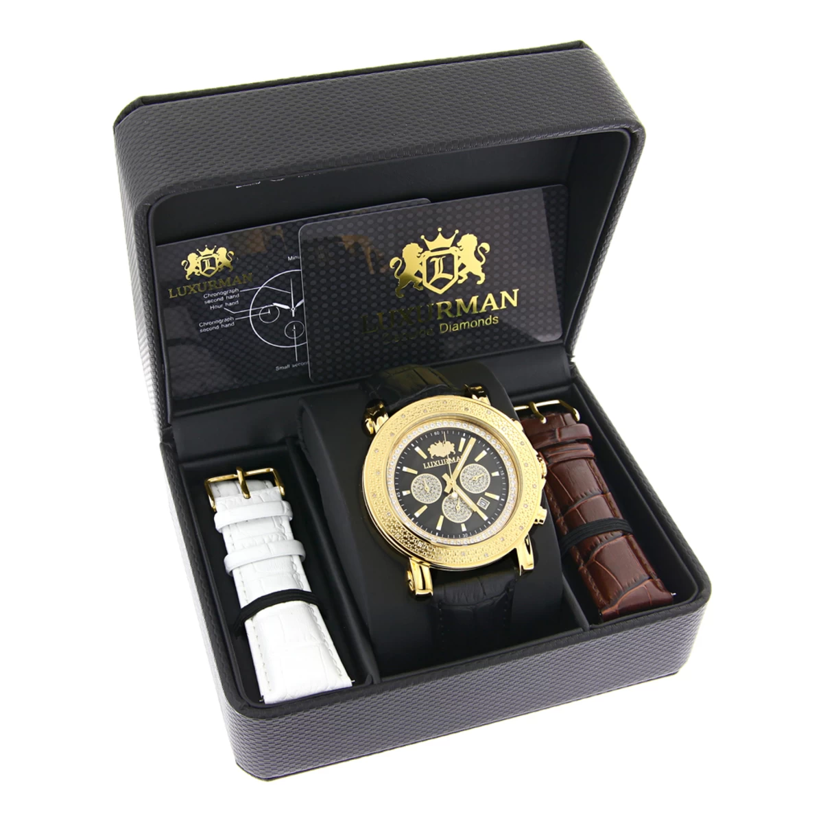 Large Luxurman Men's Watch With Diamonds 0.25ct Yellow Gold Plated Black MOP 4 Large Luxurman Men's Watch With Diamonds 0.25ct Yellow Gold Plated Black MOP - Image 4