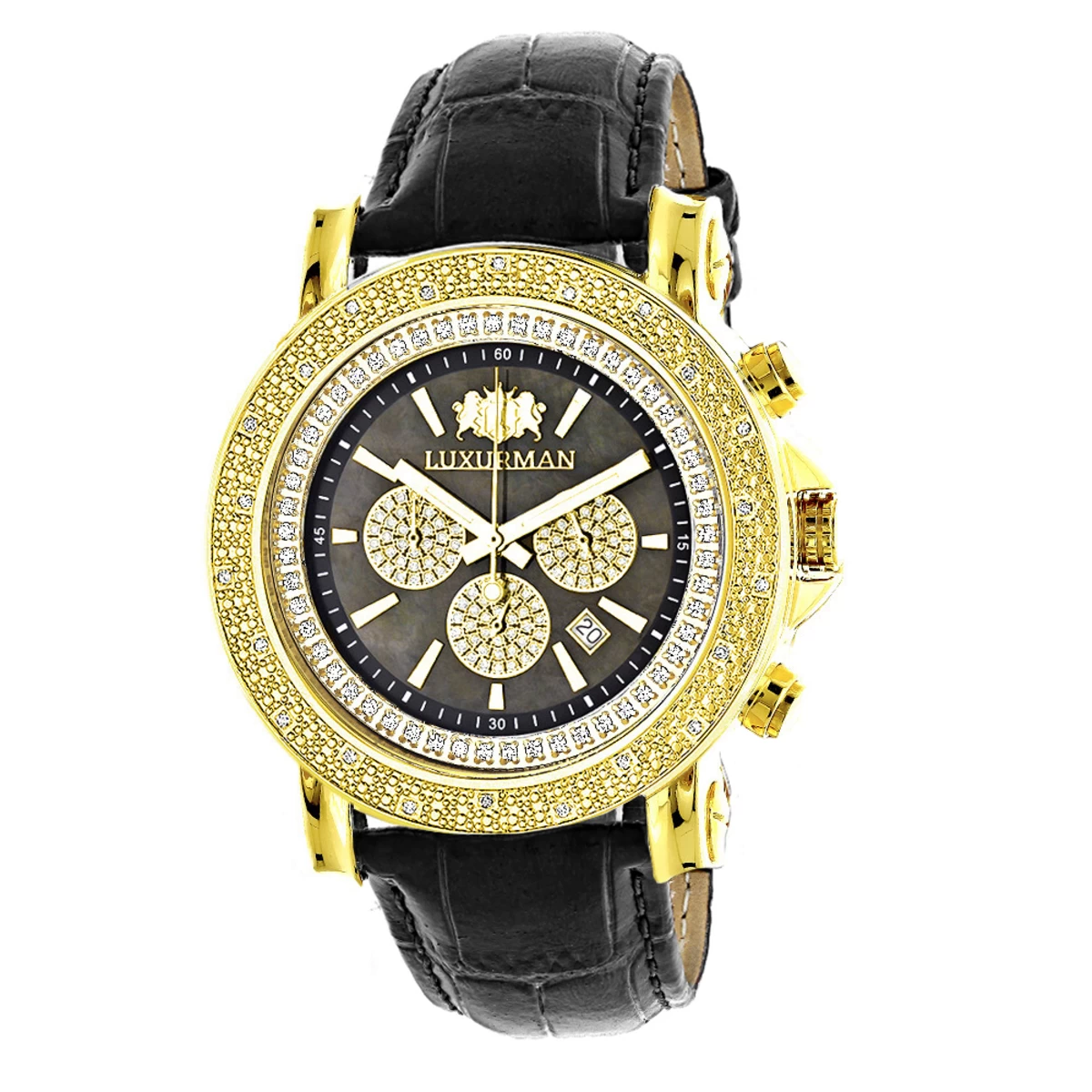 Large Luxurman Men's Watch With Diamonds 0.25ct Yellow Gold Plated Black MOP 1 Large Luxurman Men's Watch With Diamonds 0.25ct Yellow Gold Plated Black MOP