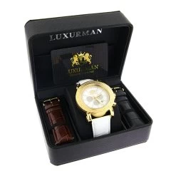 Large Luxurman Men's Watch 0.25ct Diamonds Yellow Gold Plated Escalade With Leather Bands -Watch Store large luxurman mens watch with diamonds 025ct yellow gold plated escalade 1 box
