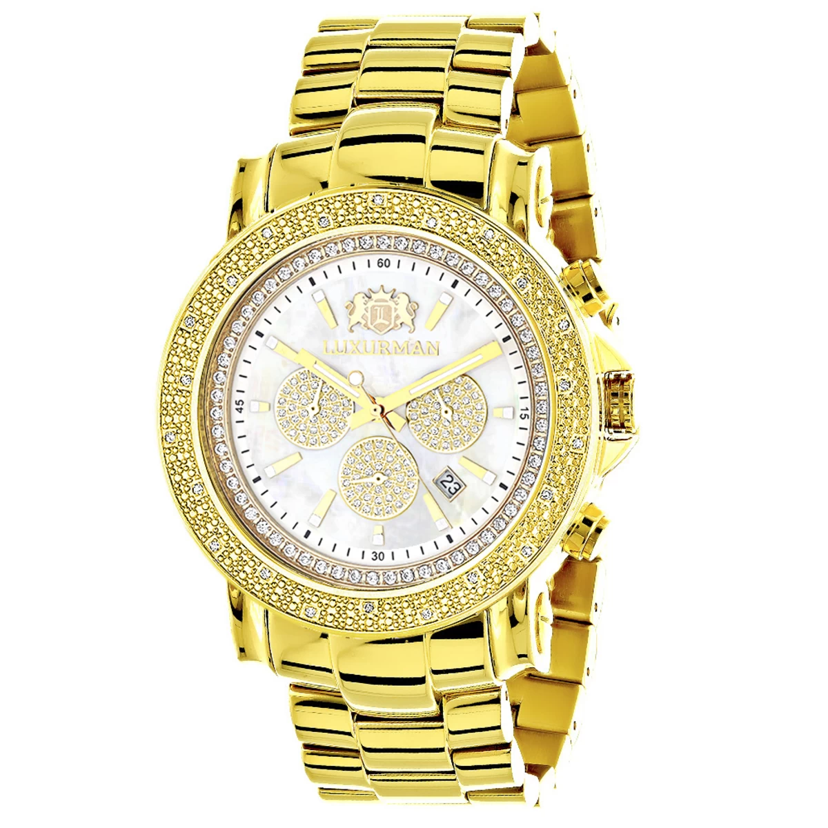 Large Luxurman Men's Watch With Diamonds 0.25ct Yellow Gold Plated Escalade 48mm 1 Large Luxurman Men's Watch With Diamonds 0.25ct Yellow Gold Plated Escalade 48mm