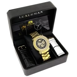 Large Luxurman Men's Watch With Diamonds 0.25ct Yellow Gold Plated W Chronograph -Watch Store large luxurman mens watch with diamonds 025ct yellow gold plated box