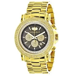 Large Luxurman Men's Watch With Diamonds 0.25ct Yellow Gold Plated W Chronograph