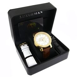 Large Yellow Gold Plated Phantom Men's Diamond Watch Luxurman Logo Face -Watch Store large yellow gold plated diamond watch for men by luxurman phantom 012ct box