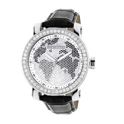 Luxurman Black&White Diamonds World Map Dial Watch With Black Leather Band