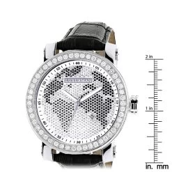 Luxurman Black&White Diamonds World Map Dial Watch With Black Leather Band -Watch Store luxurman black white wordface vs diamond watch 45ct p 8273 ruler