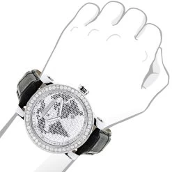 Luxurman Black&White Diamonds World Map Dial Watch With Black Leather Band -Watch Store luxurman black white wordface vs diamond watch 45ct p 8273bod