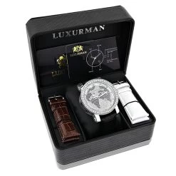 Luxurman Black&White Diamonds World Map Dial Watch With Black Leather Band -Watch Store luxurman black white wordface vs diamond watch 45ct p 8273box