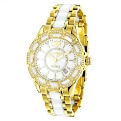 Luxurman Ladies Diamond White Ceramic Watch 1.25ct White MOP Galaxy Yellow Gold