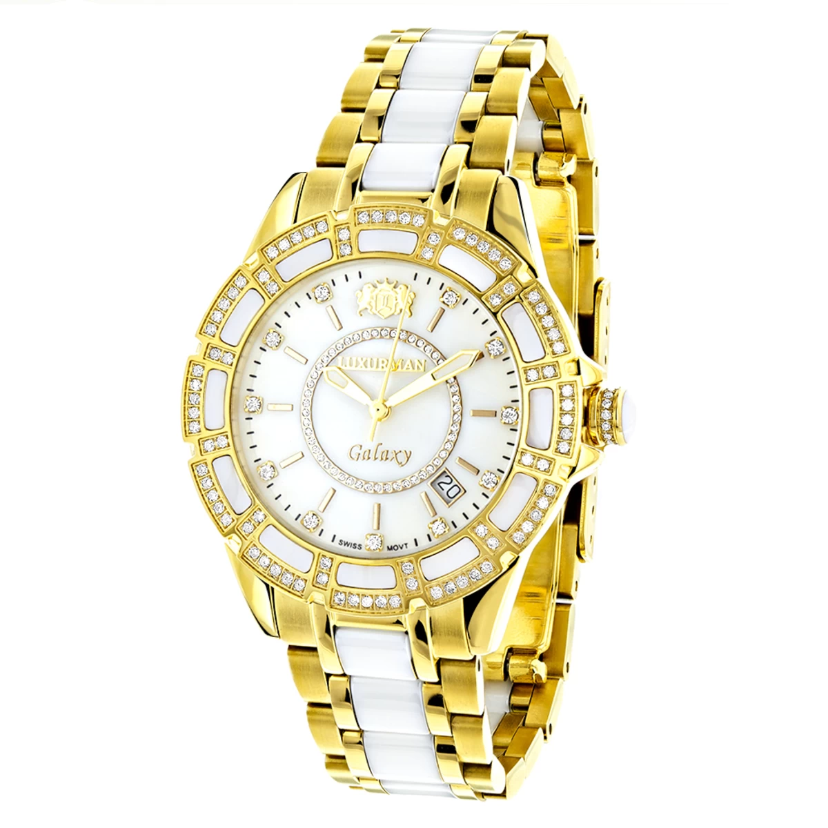 Luxurman Ladies Diamond White Ceramic Watch 1.25ct White MOP Galaxy Yellow Gold 1 Luxurman Ladies Diamond White Ceramic Watch 1.25ct White MOP Galaxy Yellow Gold