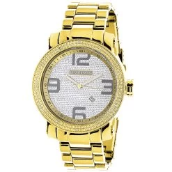 Luxurman Men's Yellow Gold Plated Encrusted Dial 0.12ct Diamond Bezel Watch