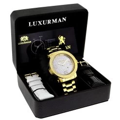 Luxurman Men's Yellow Gold Plated Encrusted Dial 0.12ct Diamond Bezel Watch -Watch Store luxurman mens diamond watch 012ct yellow p 35219box