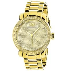 Large Luxurman Men's Diamond Watch 0.12ct Yellow Gold Plated Phantom