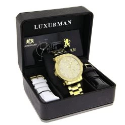 Large Luxurman Men's Diamond Watch 0.12ct Yellow Gold Plated Phantom -Watch Store luxurman mens diamond watch 012ct yellow p 8537 3