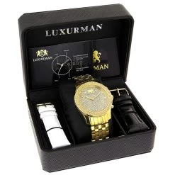 Luxurman Men's Diamond Watch 0.25ct Yellow Gold Tone -Watch Store luxurman mens diamond watch 025ct yellow gold tone box